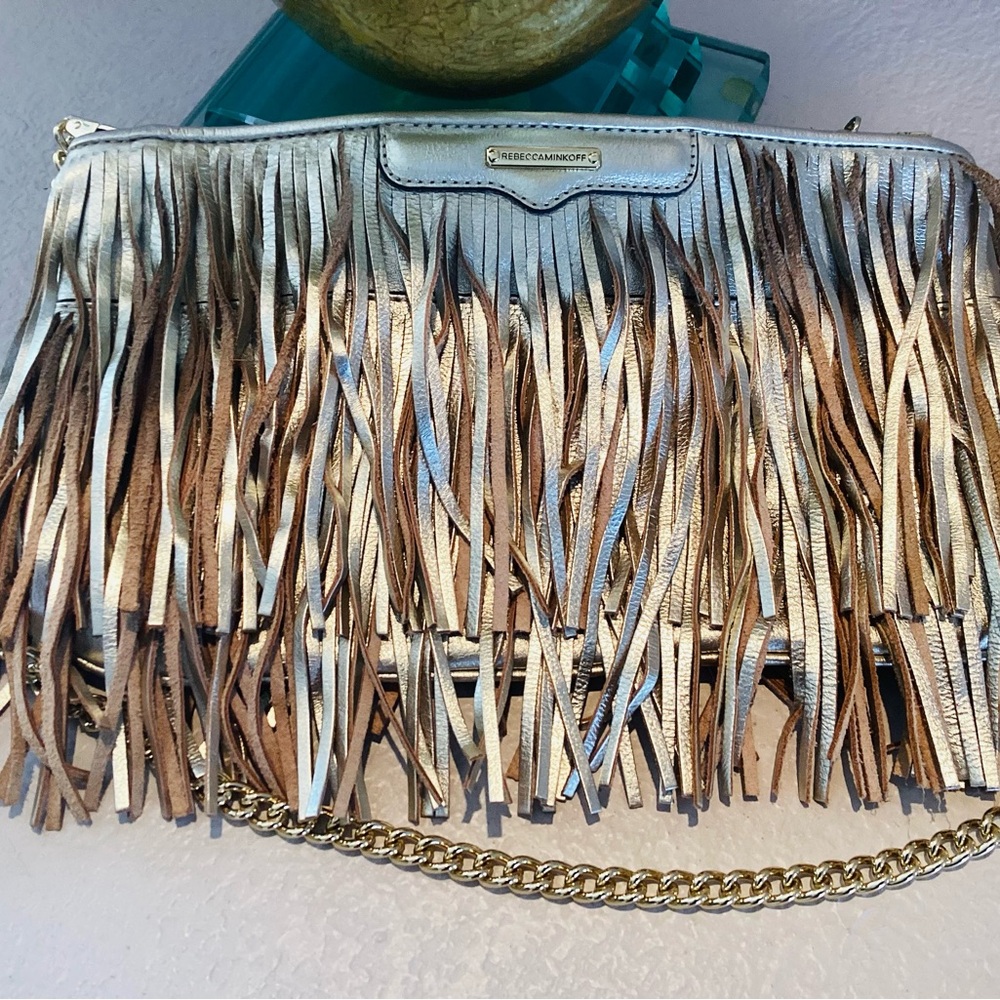 Rebecca Minkoff Gold Metallic Crossbody Bag with Fringe